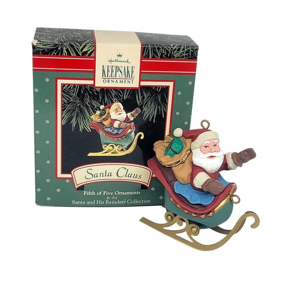 Vtg 1992 Hallmark Santa and His Sliegh Reindeer Collection 5th of 5 Ornaments - Picture 1 of 6